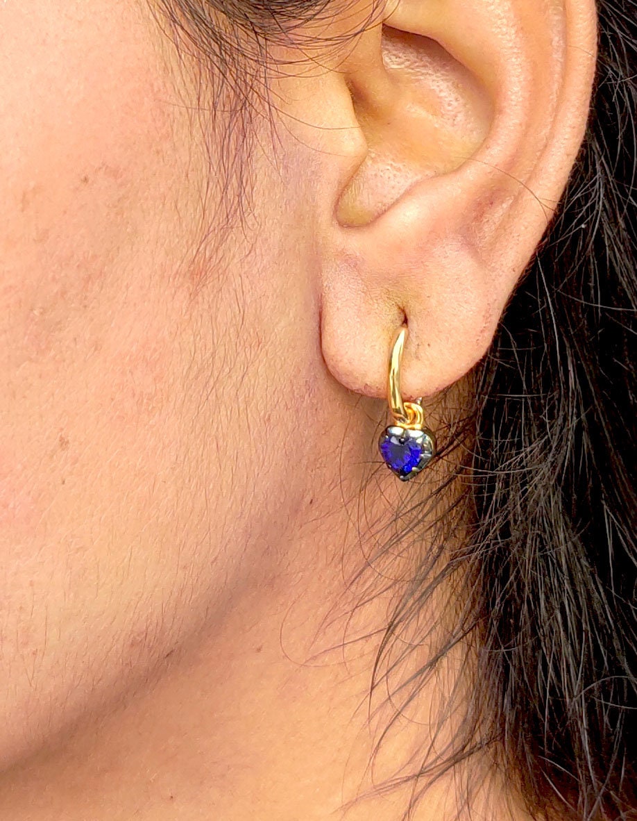 Heart Shaped Lab Blue sapphire button back Georgian cut down removable Gypset, sapphire Hoops, statement earring, blackened gold earrings.