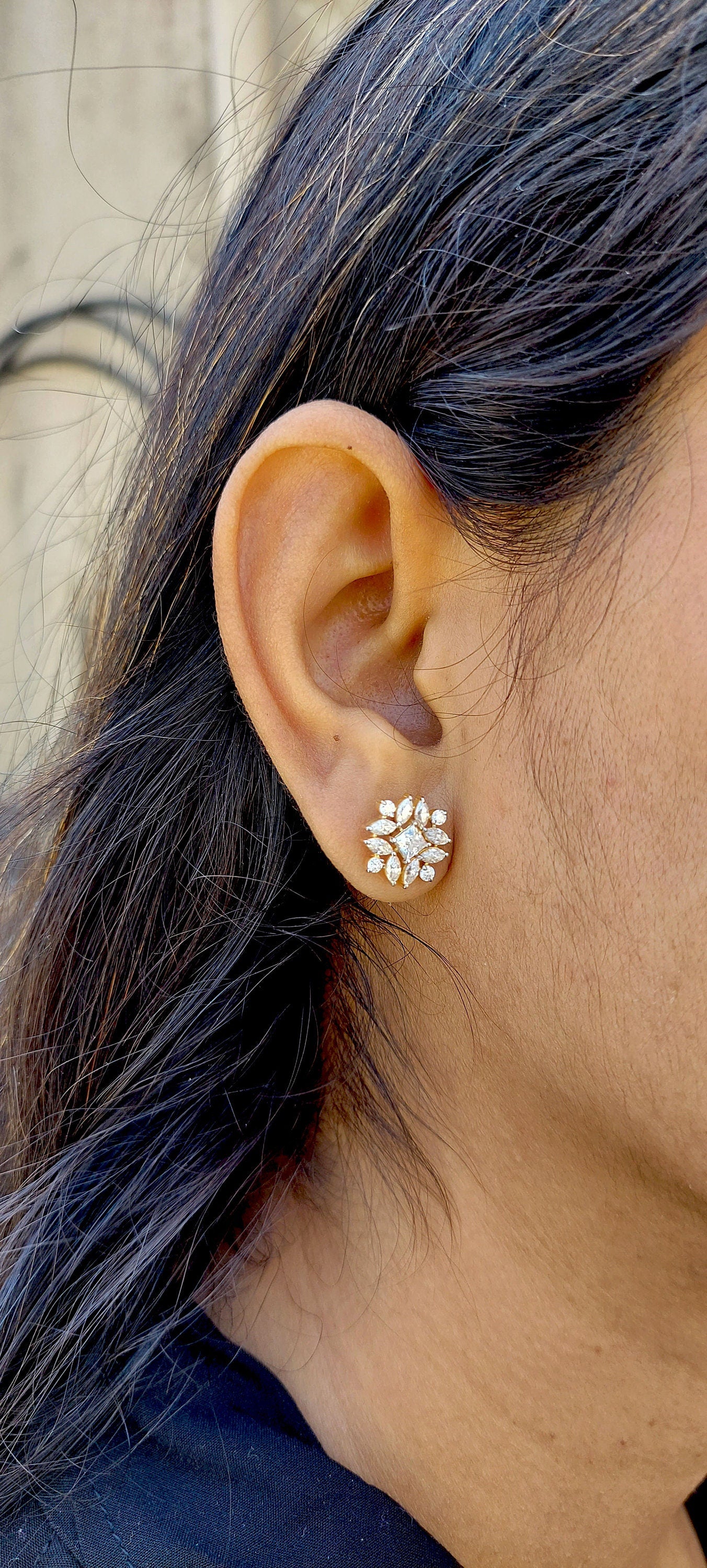 Marquise, Princess and Round Lab grown cluster studs, Statement earrings for her, Earrings studs for women, Party wear Wedding Earrings