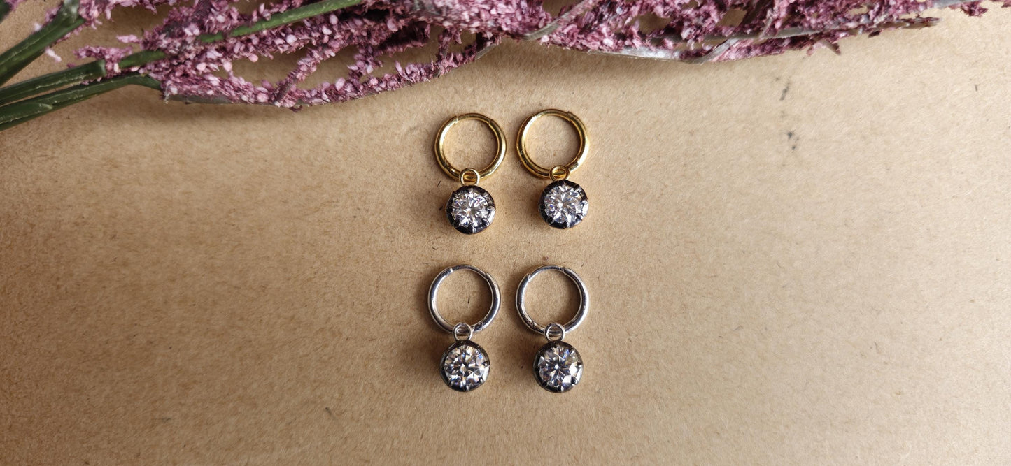 Round Moissanite button back Georgian cut down Gypset huggie, removable hoops, statement earring, blackened gold earrings.