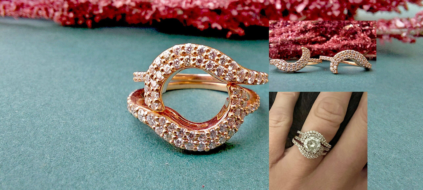 Halo Wrap Enhancer for Engagement Ring, Moissanite diamond Halo Solitaire Ring Guard for Round, Marquise, Princess cut diamonds.