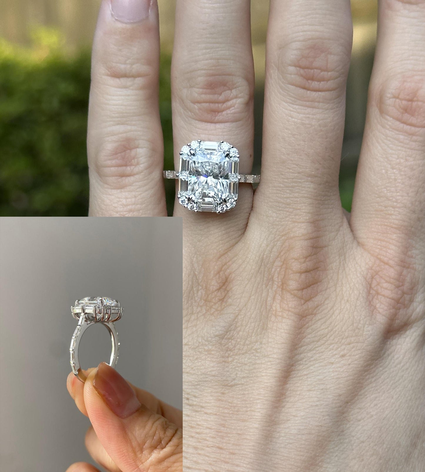 Radiant Cut Moissanite with Baguette Halo and baguette pave band Engagement Ring, ring for women, ring for her, right hand ring