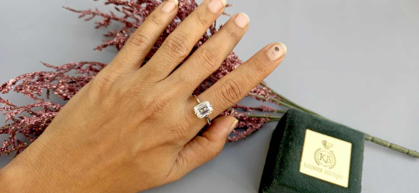 Emerald cut Moissanite Compass prong Basket set solitaire Engagement Ring for women, promise Proposal Ring, ring for her, gift for women