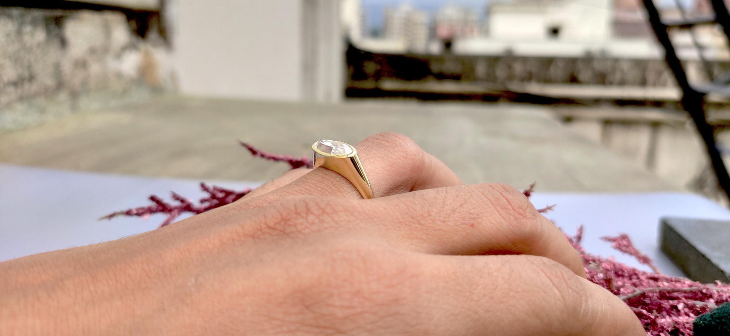 Elongated Step cut Moval Cut Moissanite Signet style ring, engagement ring ,Ring for women, ring for her, pinky finger right hand ring.