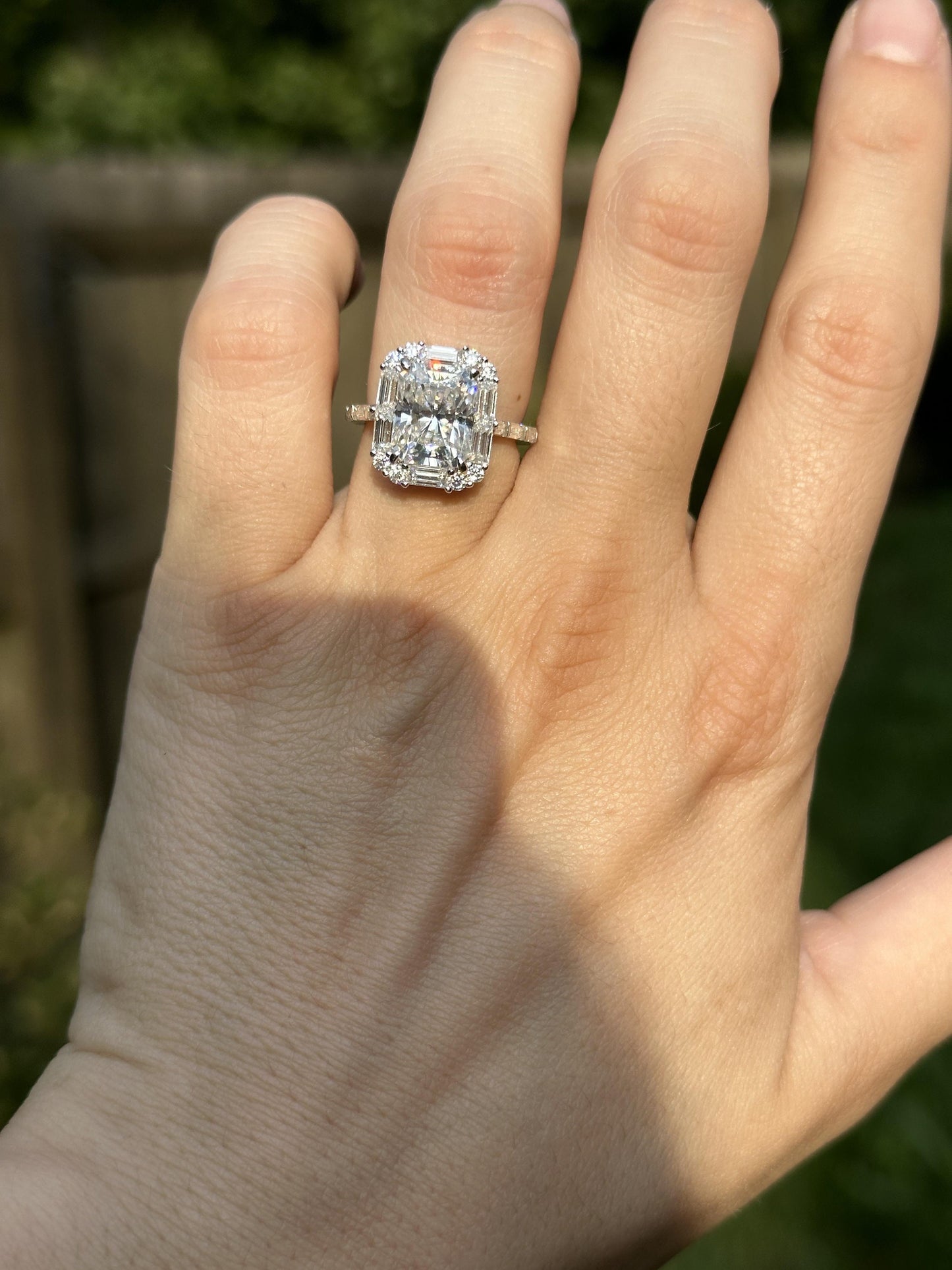 Radiant Cut Moissanite with Baguette Halo and baguette pave band Engagement Ring, ring for women, ring for her, right hand ring