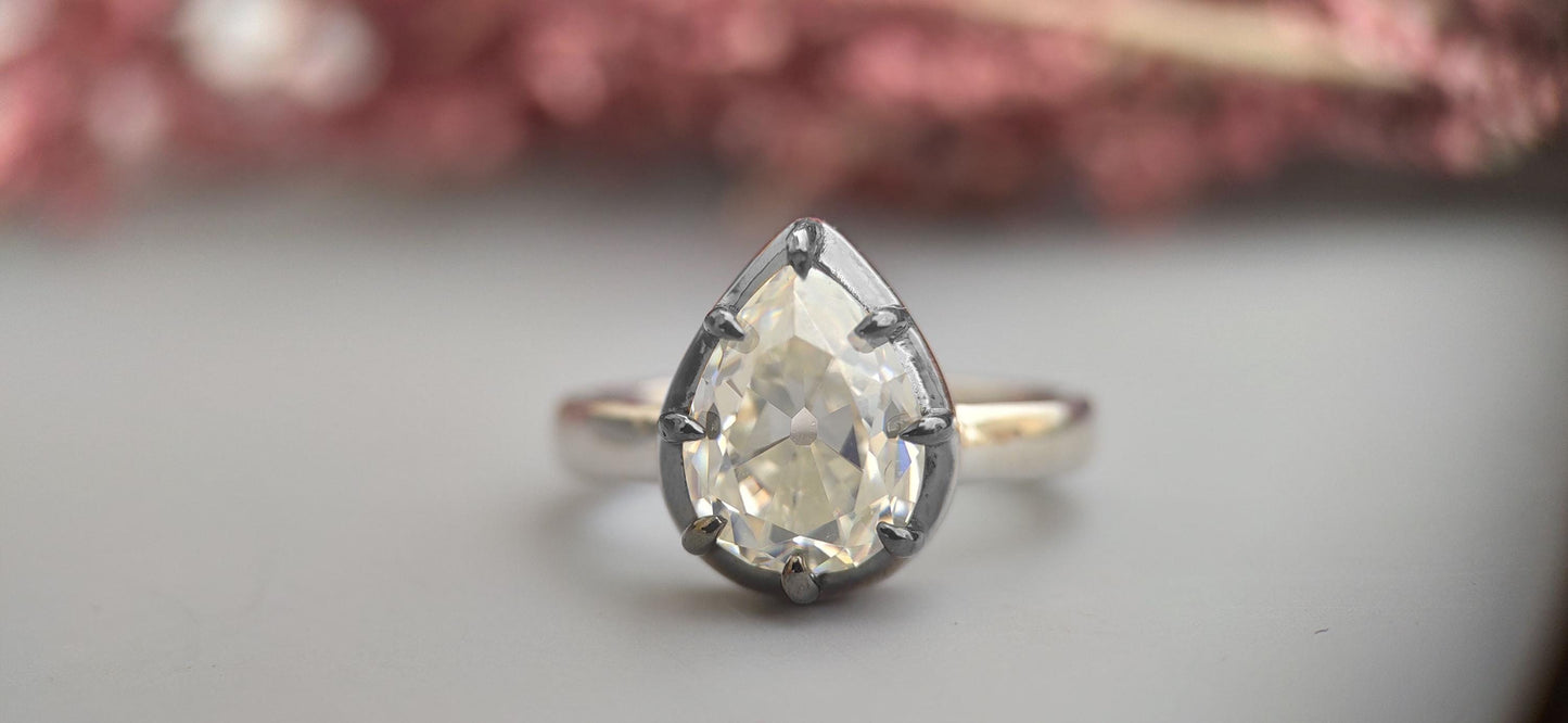 Ready to ship Old Mine Cut Pear Moissanite Collet set Ring US 6 size, =Georgian cut down set in silver with gold polish and blackened gold