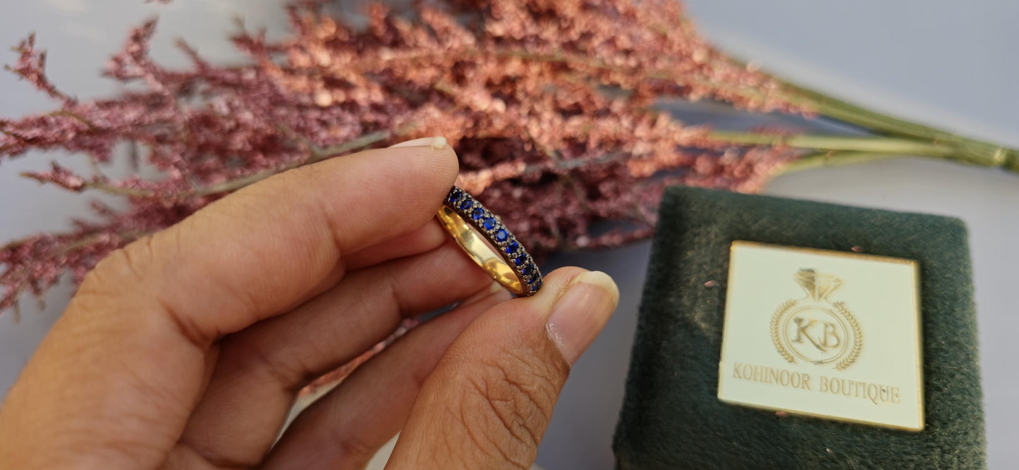 Lab grown Blue Sapphire Georgian Cut-Down Blackened Gold eternity band, also available in half eternity, wedding band for women