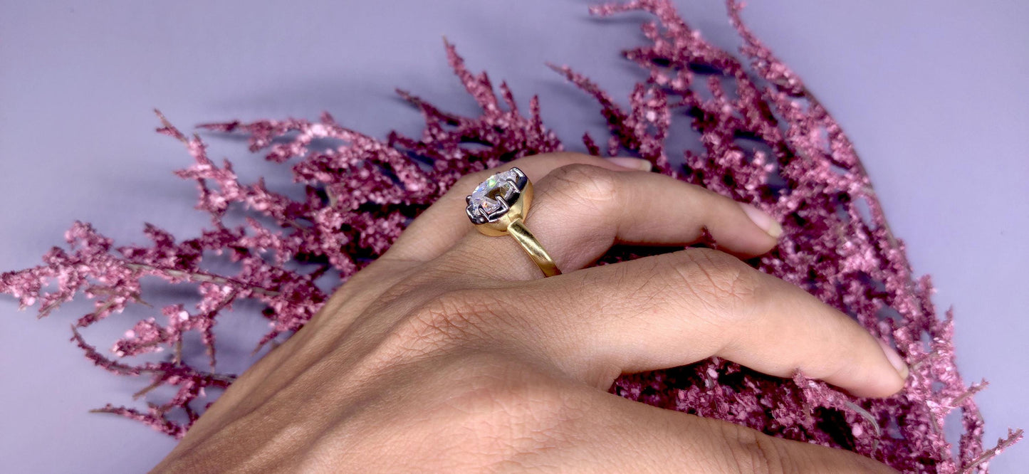 Ready to ship Old Mine Cut Pear Moissanite Collet set Ring US 6 size, =Georgian cut down set in silver with gold polish and blackened gold