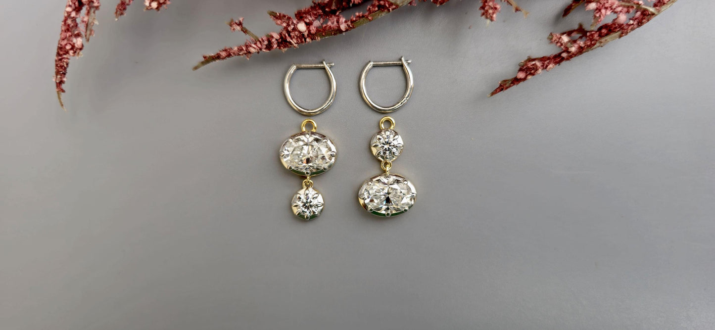 Georgian cut down multi shape lab grown diamond hoops dangle earrings, statement earring, 2 toned earrings, dangled earrings for women