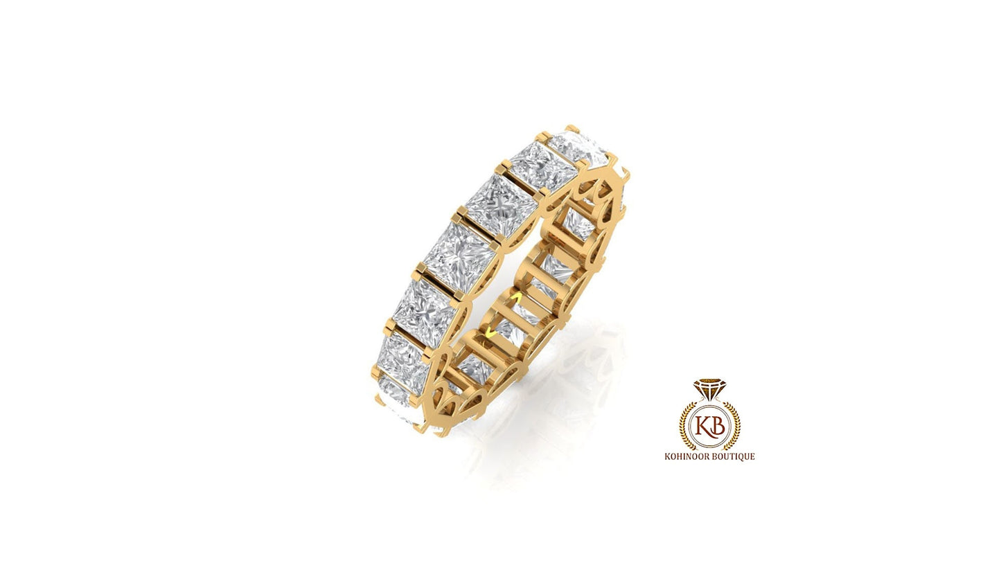 Princess Cut Moissanite Half\Full Eternity Infinity statement wedding band, Bridal stackable ring in White\Yellow\Rose Gold