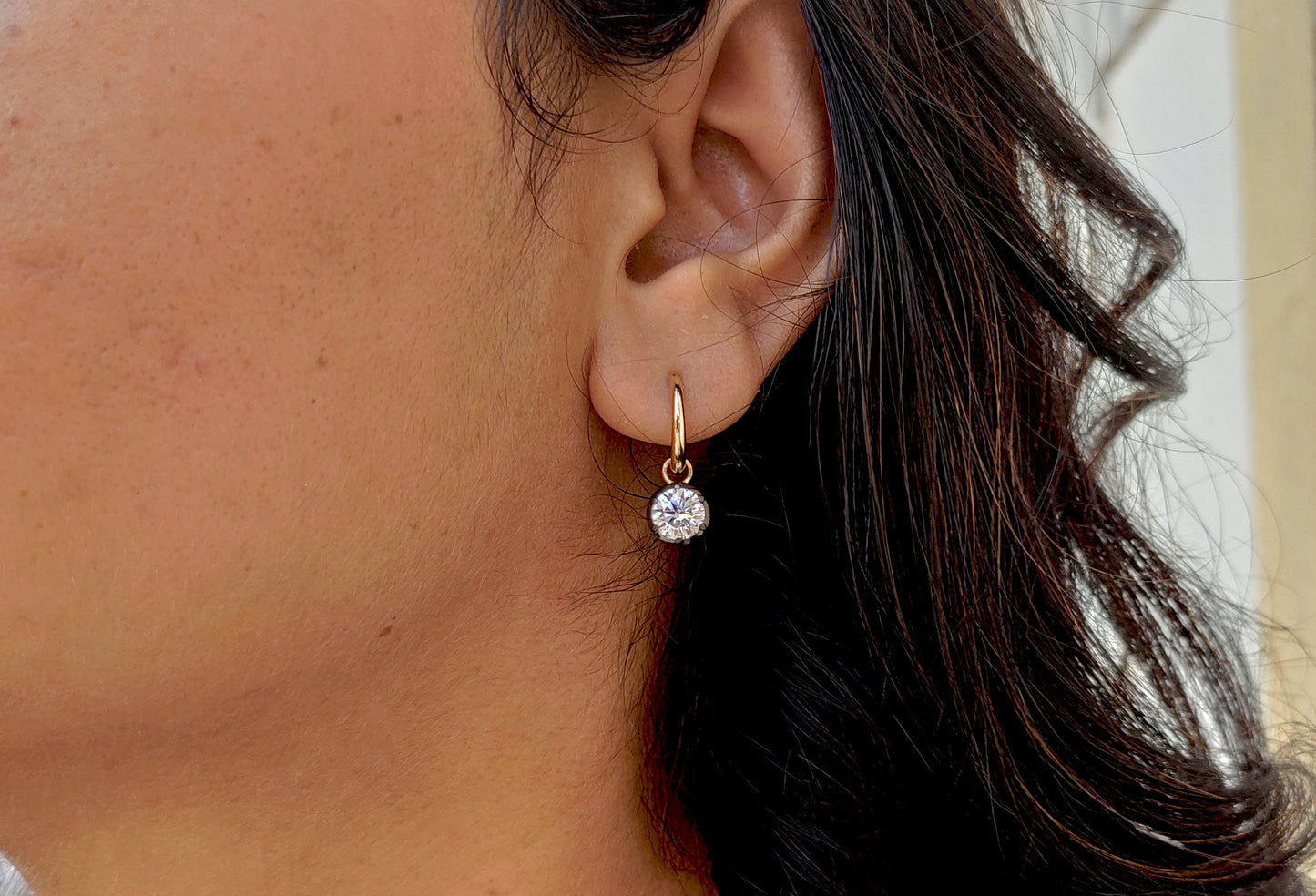 Round Moissanite button back Georgian cut down Gypset huggie, removable hoops, statement earring, blackened gold earrings.