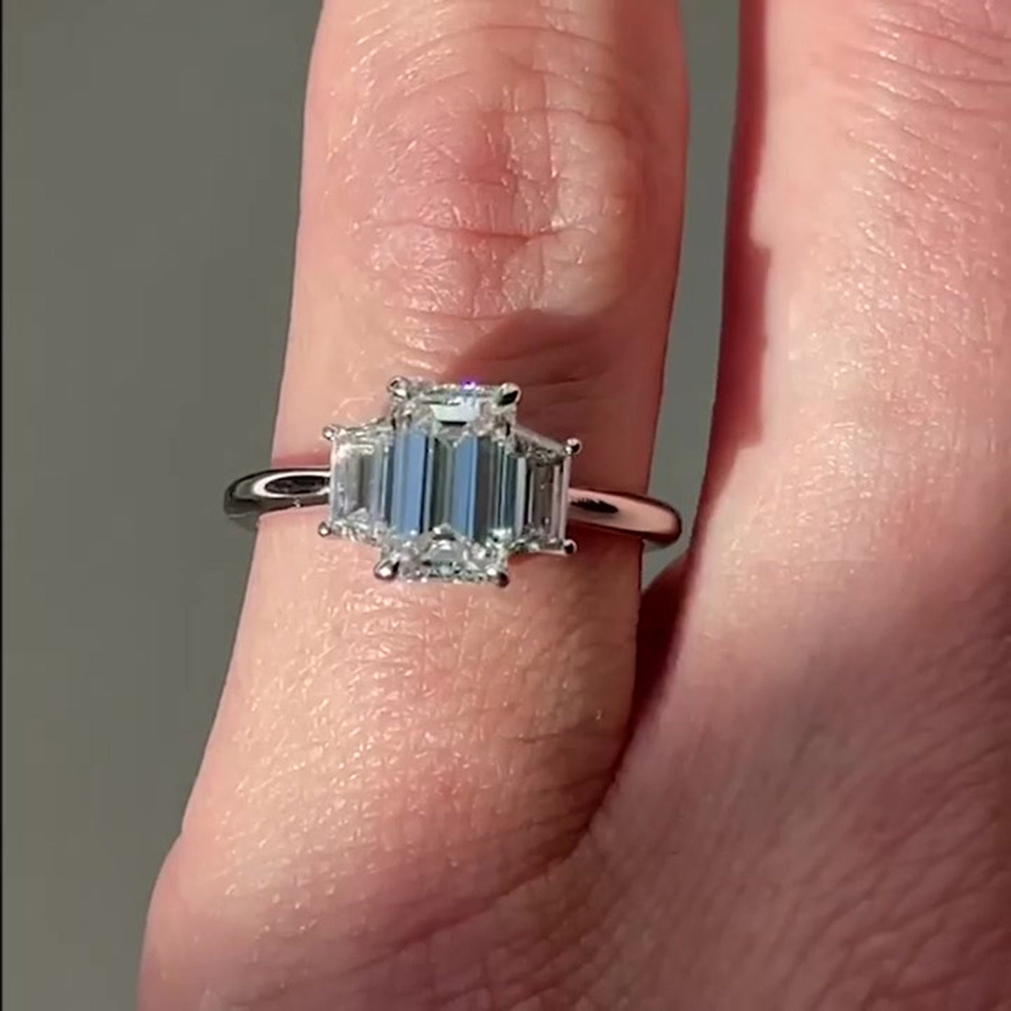 Emerald & Trapezoid 3 stone moissanite Engagement ring, ring for her, gift for women, 3 stone anniversary ring, proposal ring.