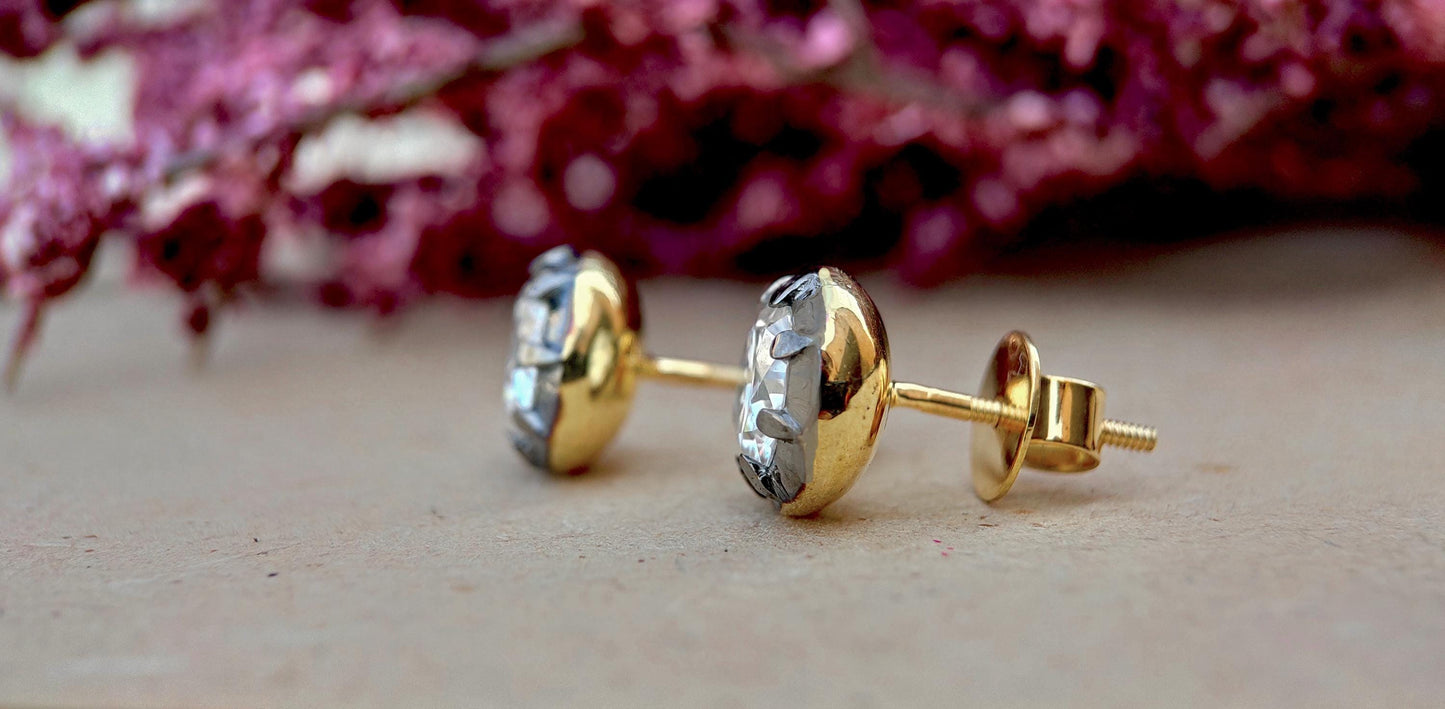Round Moissanite button back Georgian cut down studs, statement earring, blackened gold earrings, studs earrings for women