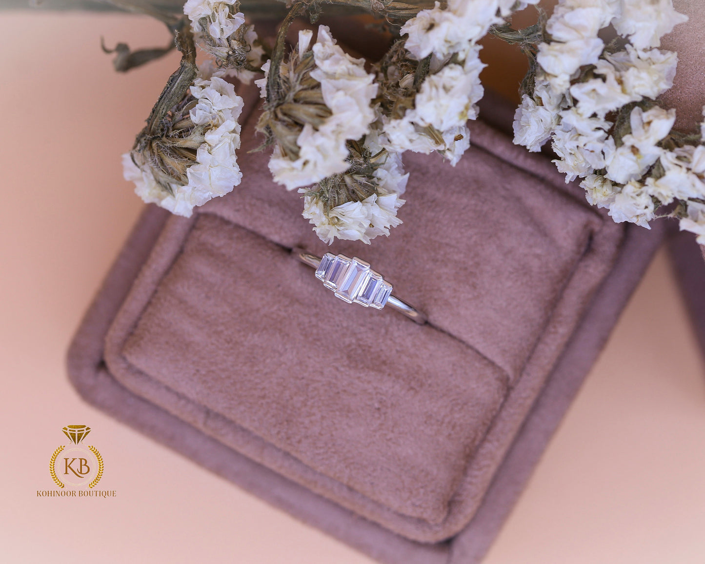 5 Graduating half bezel set Baguette Moissanite anniversary ring, 5 stone engagement ring, ring for her, gift for women.