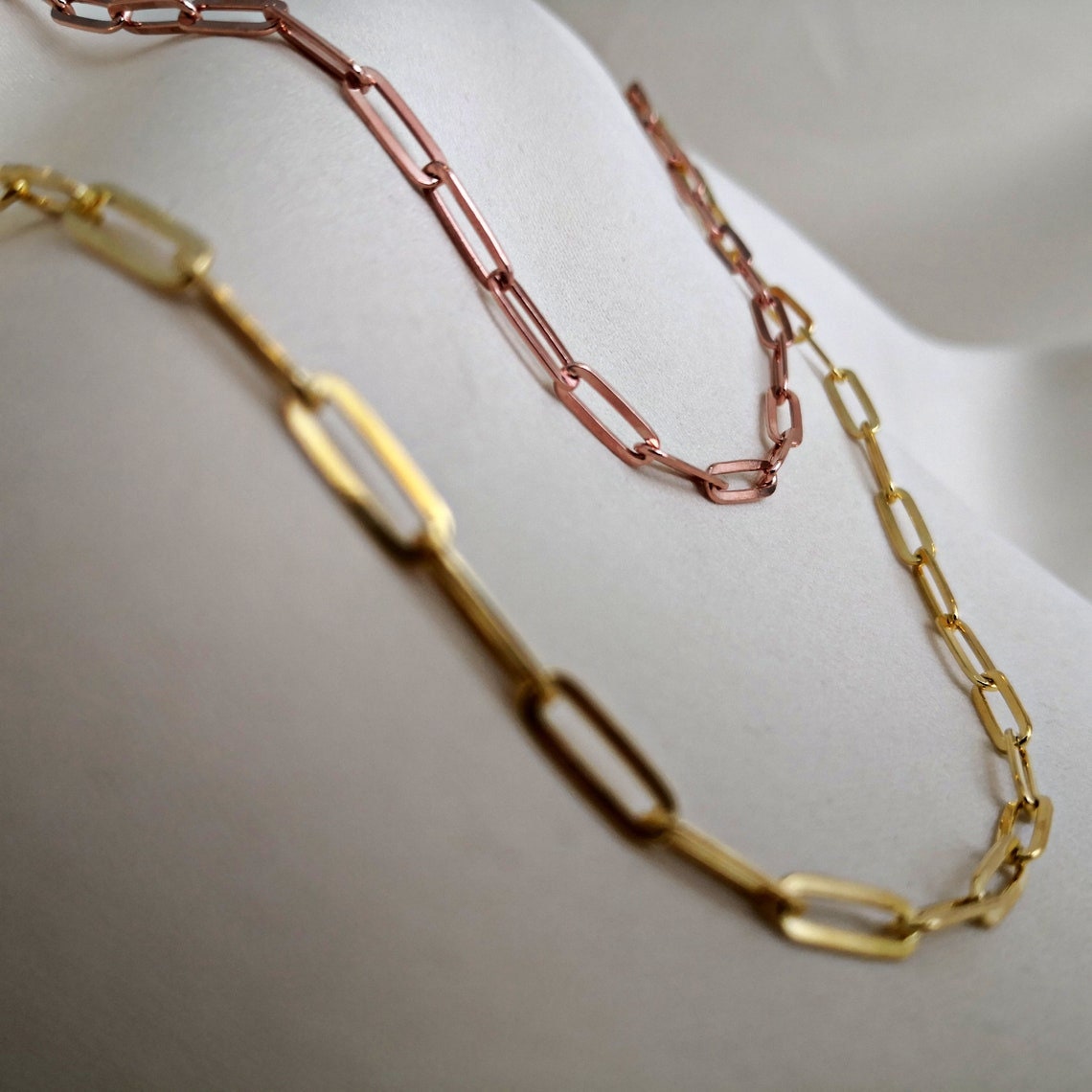 18k Solid Yellow and Rose Gold Paperclip Chain Necklace, Link Chain Necklace, Rectangle Link Necklace, Paperclip Chain 4.00mm, Italian Chain