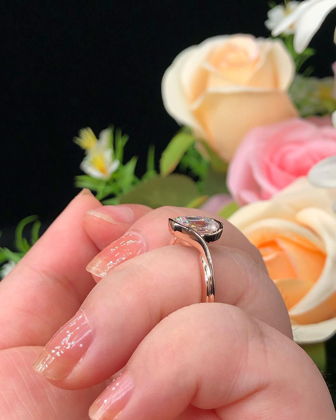 Old Mine Cut OMC Elongated Cushion Cut Moissanite Engagement Ring, Antique Half Bezel Set. Unique Solitaire proposal ring, ring for her.