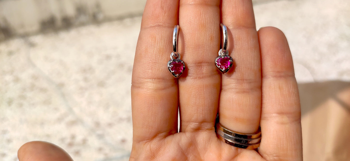 Heart Shaped Ruby button back Georgian cut down Gypset, Lab Ruby Hoops, statement earring, blackened gold earrings.