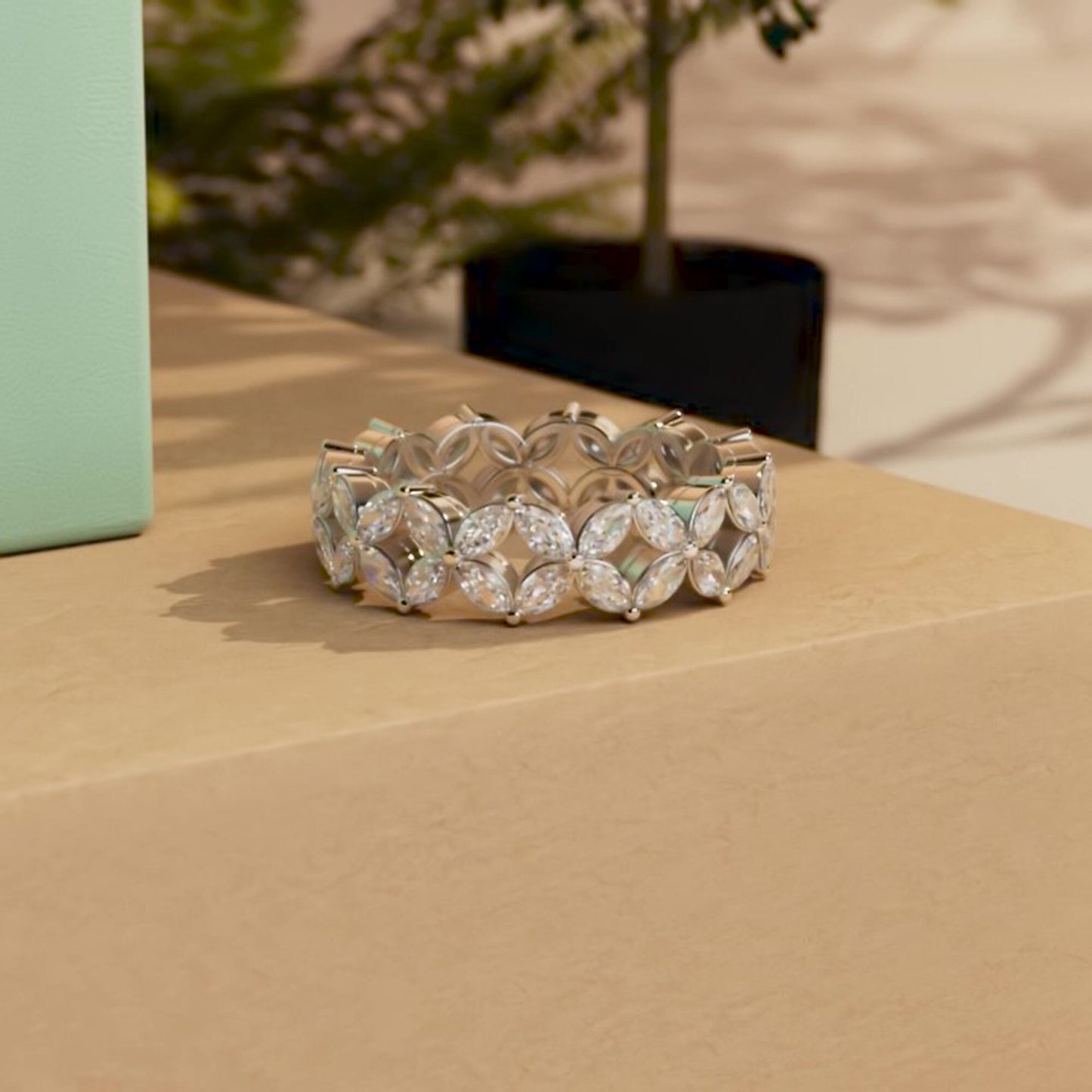 Marquise Moissanite eternity wedding band, Bridal stackable, Anniversary gift for wife