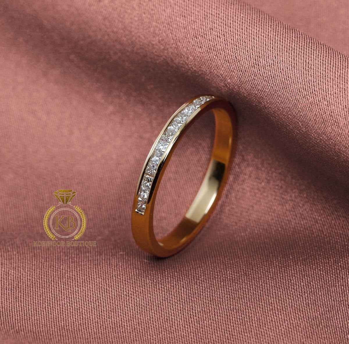 Half\Full Eternity Channel Set Princess cut Moissanite wedding band stacking minimalist ring in 18k\14k\10k White\Yellow\Rose Gold