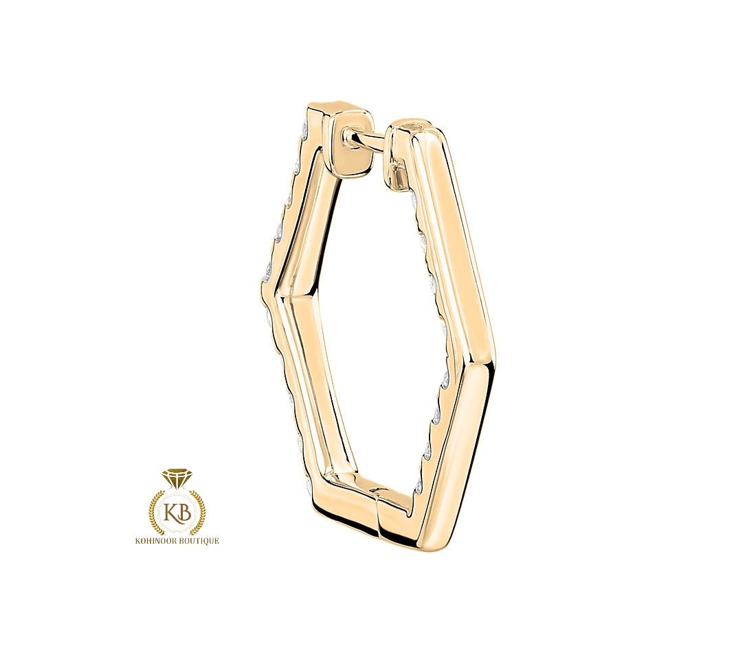 Pave Moissanite Inside Out Hexagon Hoops Geometric Huggie available in Silver, 18k\14k\10k White\Yellow\Rose Gold and Platinum