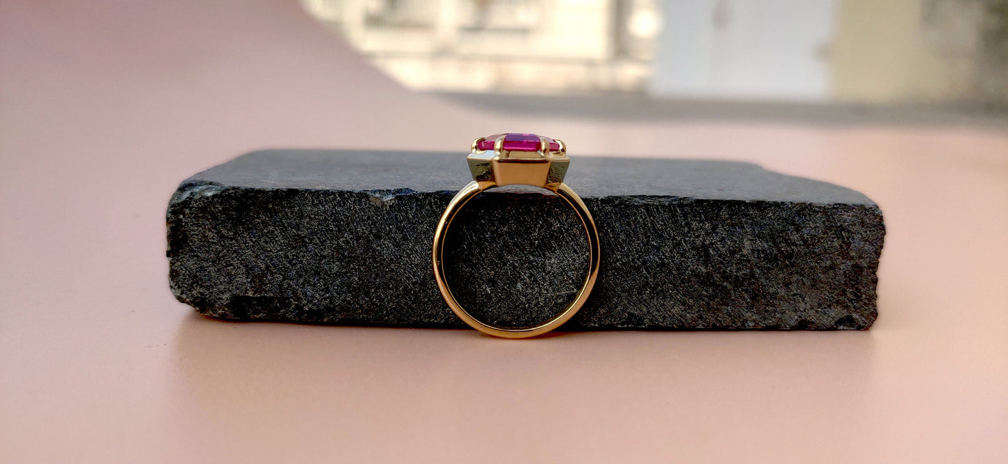 Pink Lab Sapphire Hexagon shaped Bezel set Georgian cut down set Solitaire Engagement ring Promise Ring for Modern Brides, ring for her