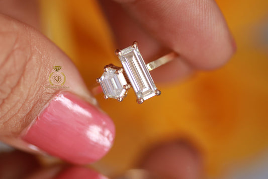 Baguette & hexagon moissanite Toi Et Moi two stone Engagement ring, wedding\promise\proposal ring, gift for her