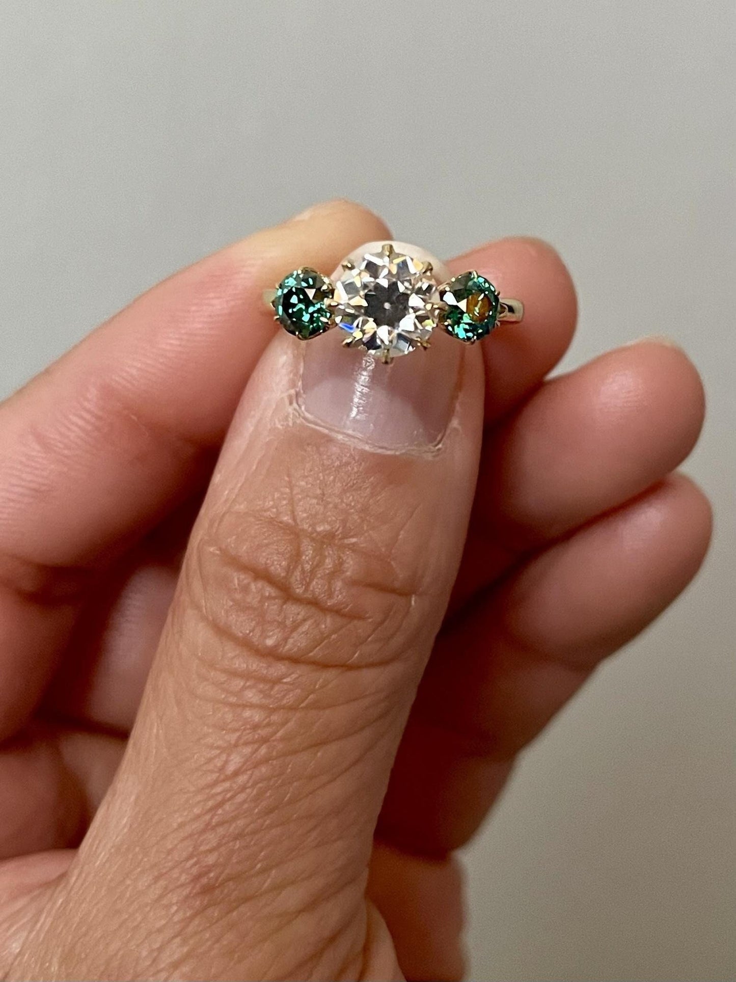 Old European Cut Round Moissanite with side Old European Cut Green Moissanite 3 stone Engagement Ring, Ring for her, ring for women