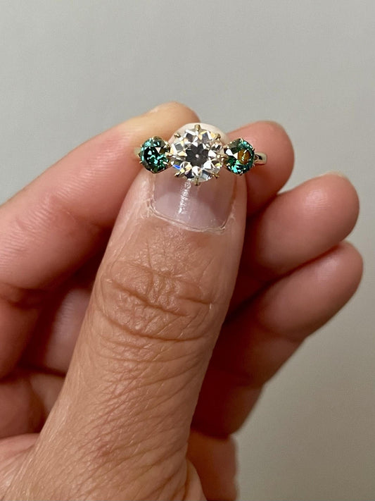 Old European Cut Round Moissanite with side Old European Cut Green Moissanite 3 stone Engagement Ring, Ring for her, ring for women