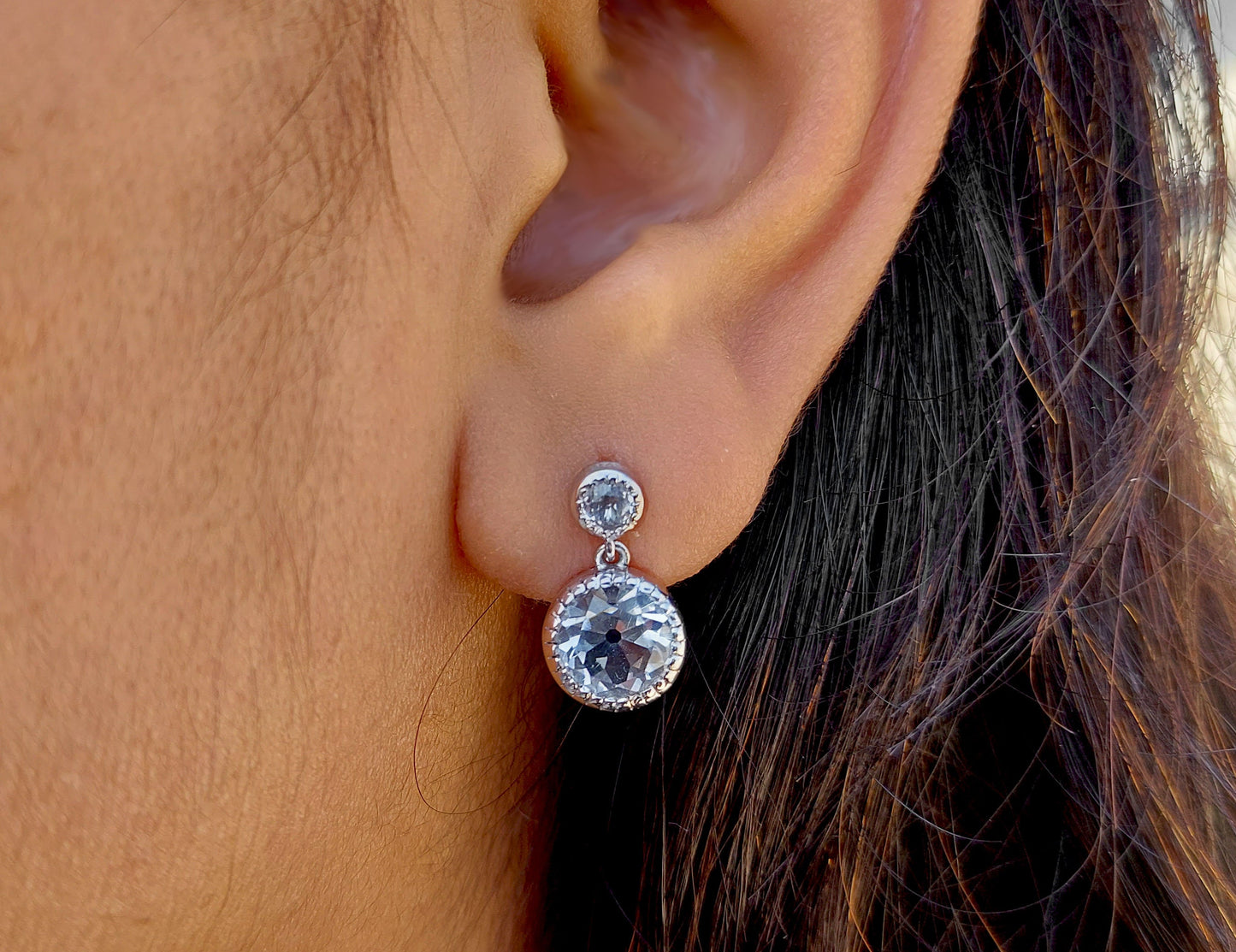 Ready to ship OEC Round Rock Crystal Milgrain Bezel Dangle Drop Earrings for Women, Vintage everyday earrings, Push back\Screw back Earrings