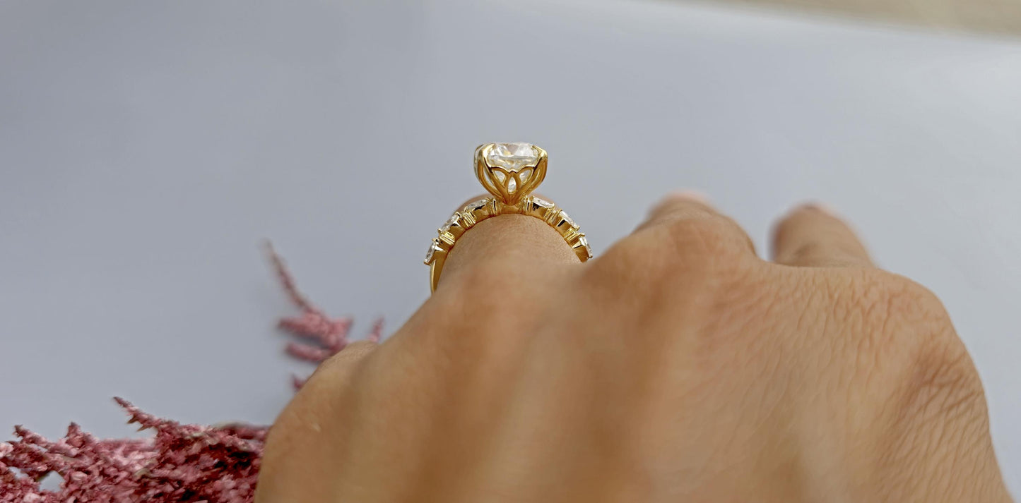 Elongated Cushion Cut Moissanite Tulip basket set with side marquise pave on band Engagement Ring, Proposal ring, ring gift for her