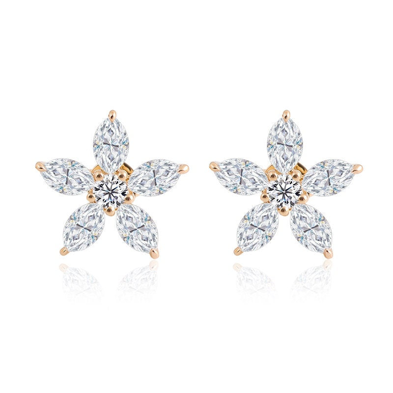 Marquise Cut Flower Petal Moissanite Stud Earrings, Moissanite Wedding Earrings, Push Back Earrings, Anniversary Gift, Mother's Day Gift