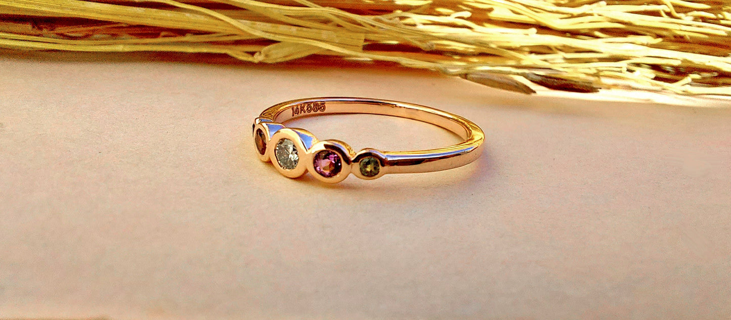 Five gemstone band with center moissanite stone, Promise or Wedding ring alternative, 5 stone Anniversary Band, Minimalist Stackable band