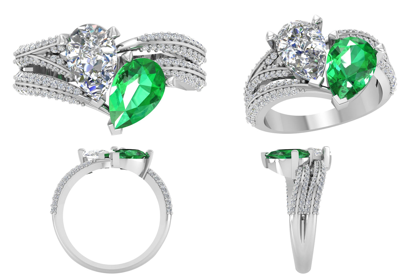 Pear Moissanite & Emerald Toi Et Moi moissanite two stone Engagement Ring, wedding\proposal Ring, gift for her,