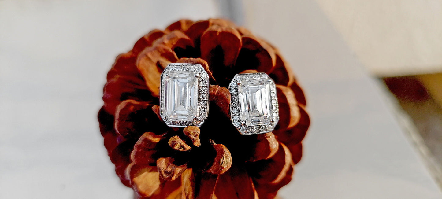 Emerald Cut Solitaire Moissanite Halo Stud Earrings,Moissanite Wedding Earrings,Push\Push Back Earrings,Anniversary Mother's Day Gift