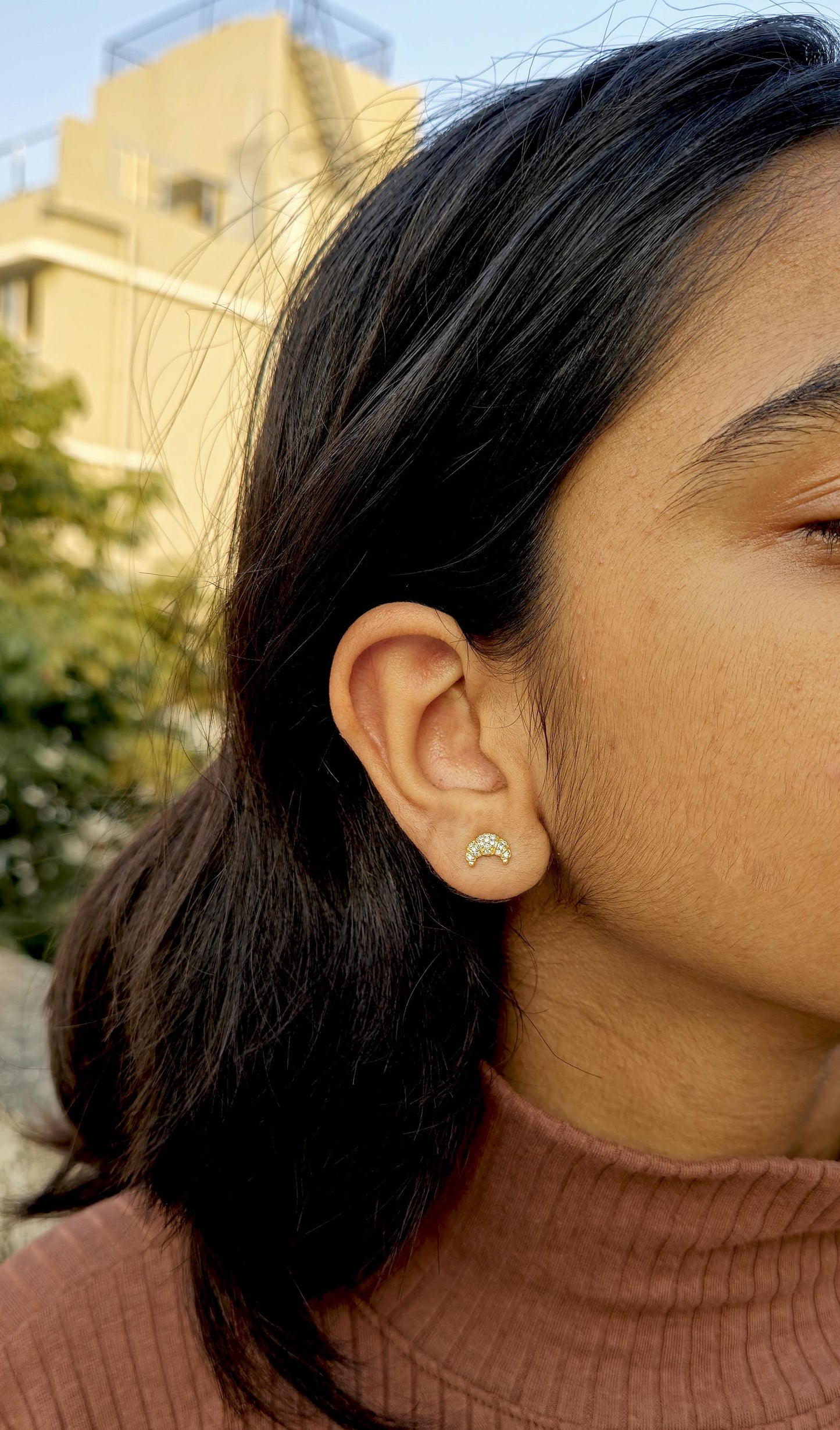 Croissant shape Lab grown cluster studs for her, Earrings studs for women