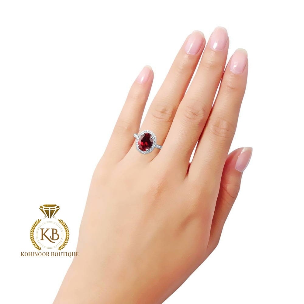Lab grown Oval Rose Cut Ruby & Round Moissanite halo with side pave Engagement Ring, Rings for women.