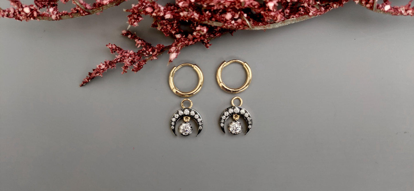 Half moon Lab grown diamond button back Georgian cut down Huggie,2 in 1  statement earring, blackened gold earrings.