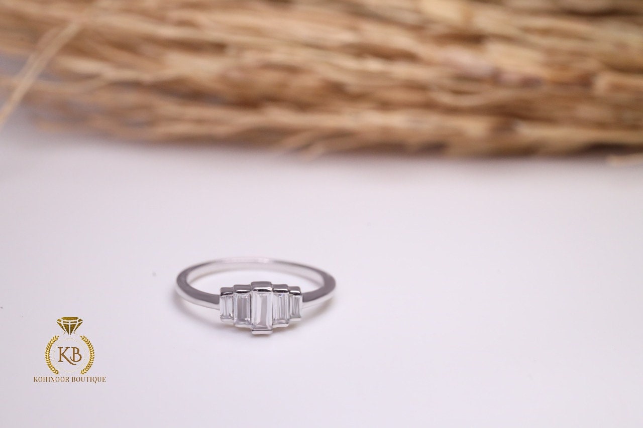 5 Graduating half bezel set Baguette Moissanite anniversary ring, 5 stone engagement ring, ring for her, gift for women.