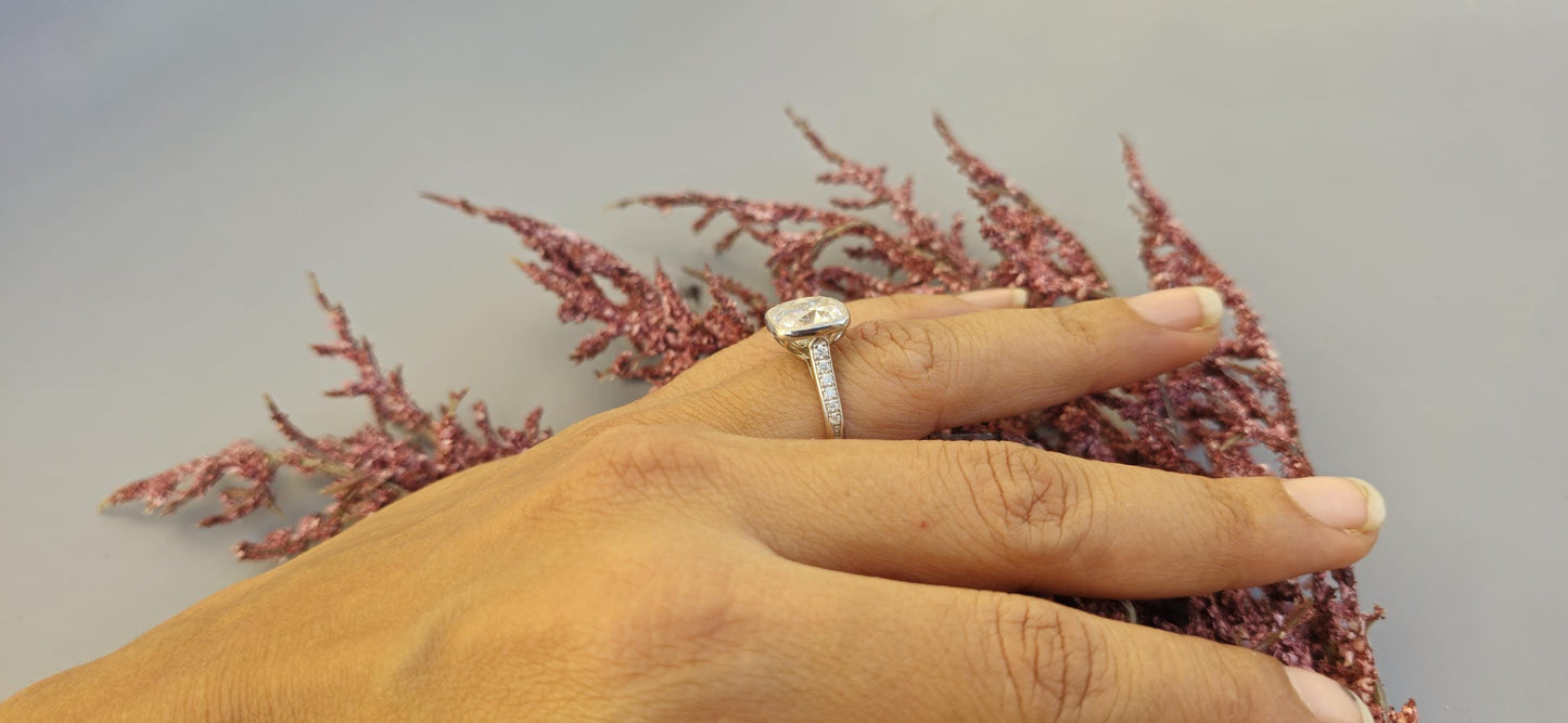 Elongated Old Mine Cushion Cut Bezel set Moissanite Engagement Ring, Tulip Flower basket Vintage Ring