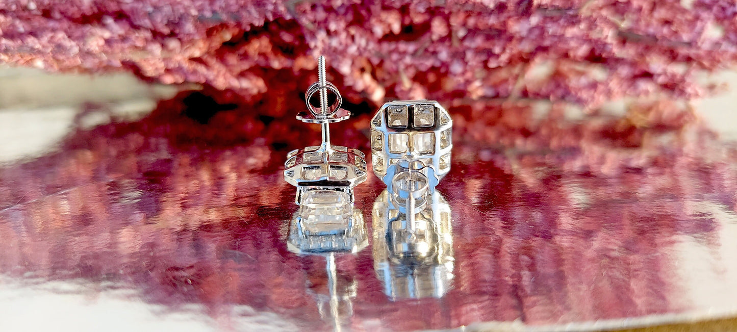 Emerald Cut Solitaire Moissanite Halo Stud Earrings,Moissanite Wedding Earrings,Push\Push Back Earrings,Anniversary Mother's Day Gift