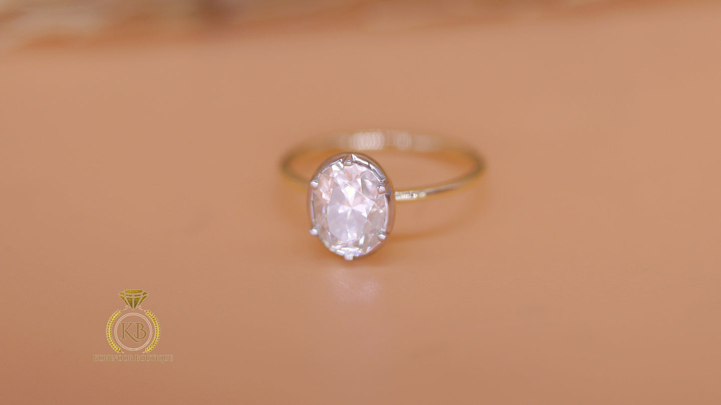 Oval Button Back Georgian Cut Down Colet Set Moissanite Solitaire Engagement ring, Ring for her, Edwardian ring, Vintage ring.