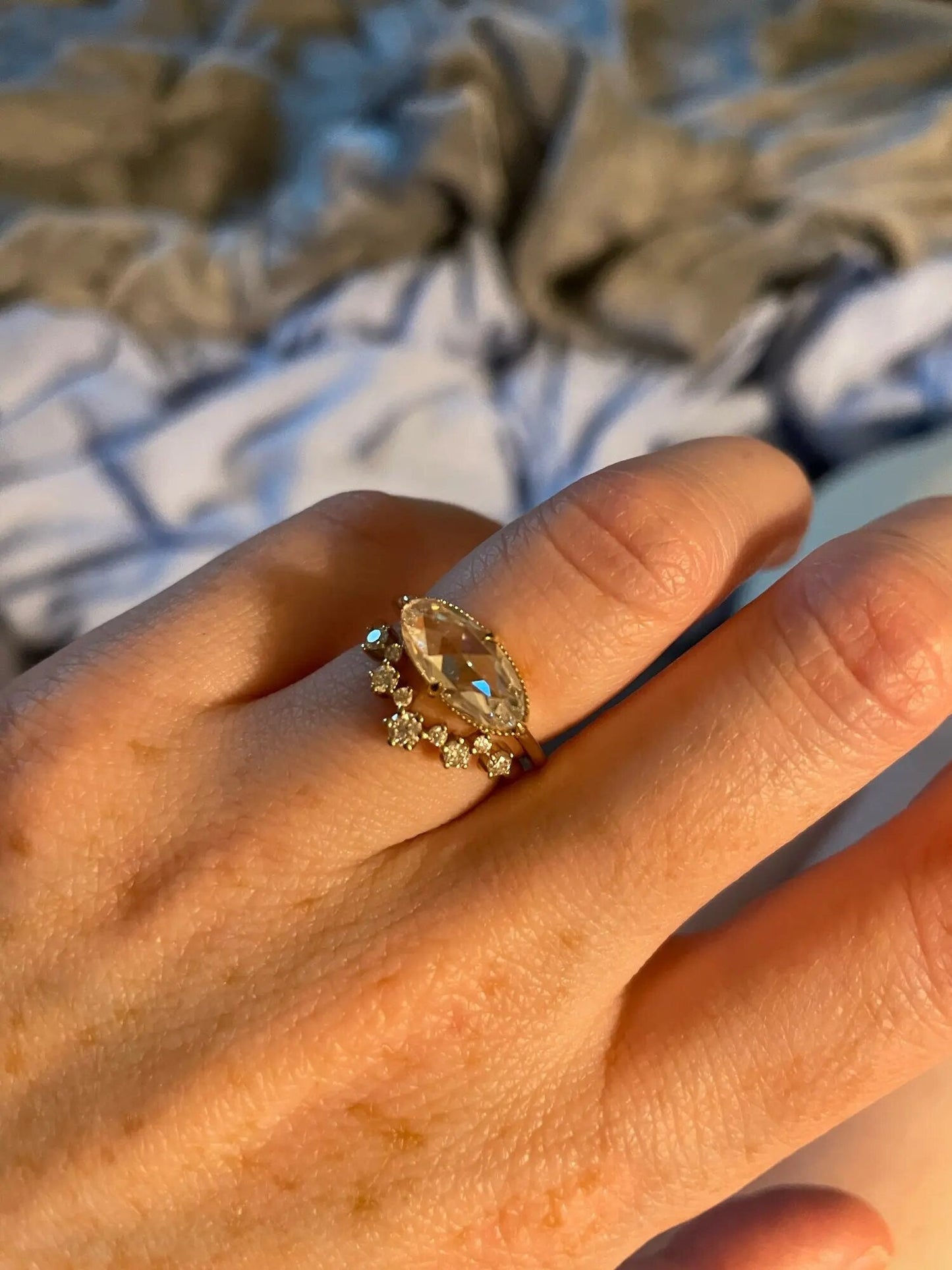 Rose cut Oval\Moval cut East West Set Moissanite Solitaire Engagement Ring, Promise\Proposal Ring with 18k\14k\10k White\Yellow\Rose Gold