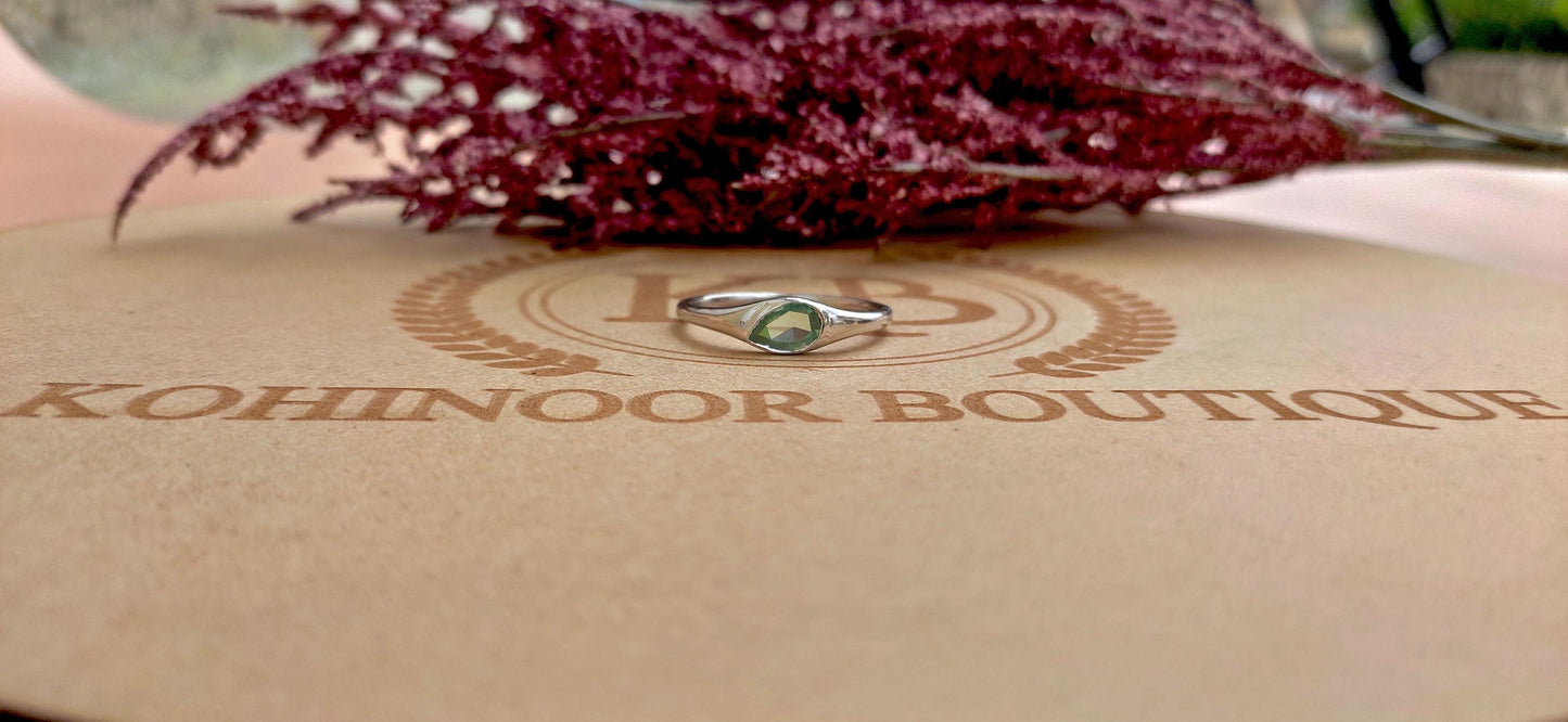 Green Rose Cut Pear Moissanite Signet ring, Gypsy Flush Set engagement proposal ring, Ring for her, low profile set ring, Ring for women