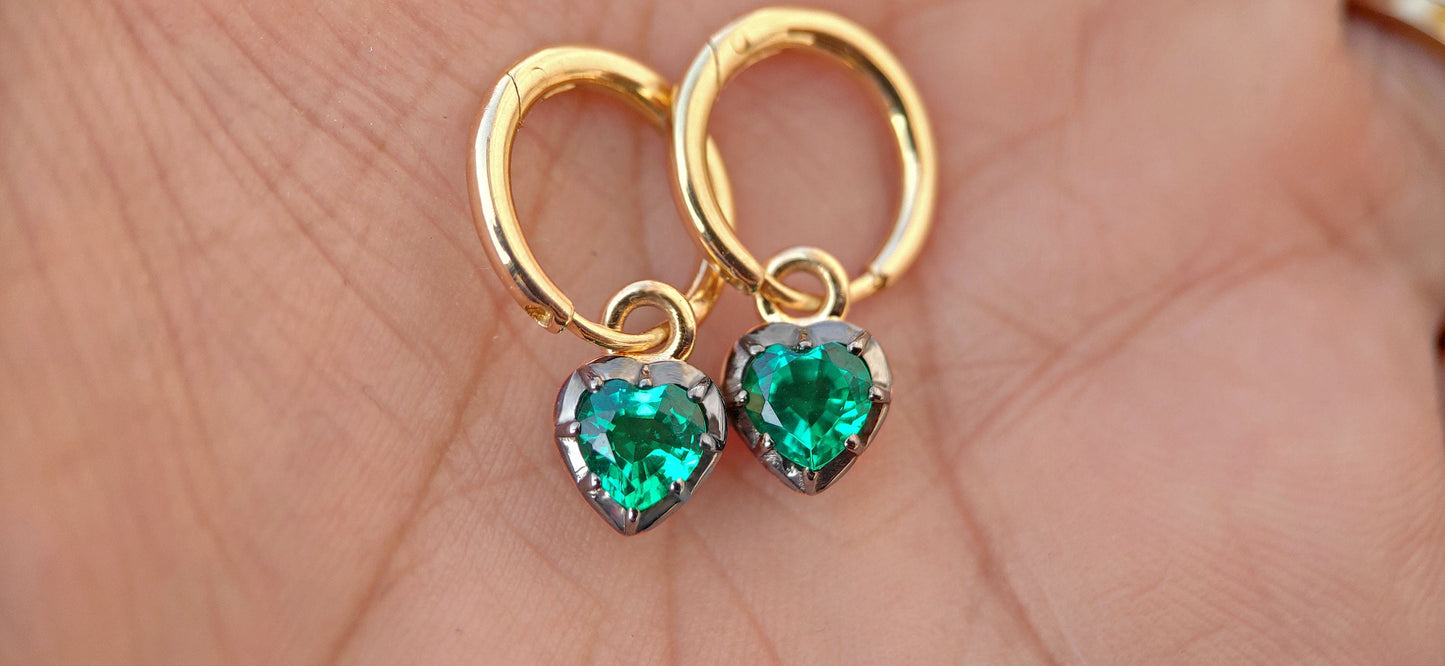 Heart Shaped Emerald button back Georgian cut down Gypset, Emerald Hoops, statement earring, blackened gold earrings.