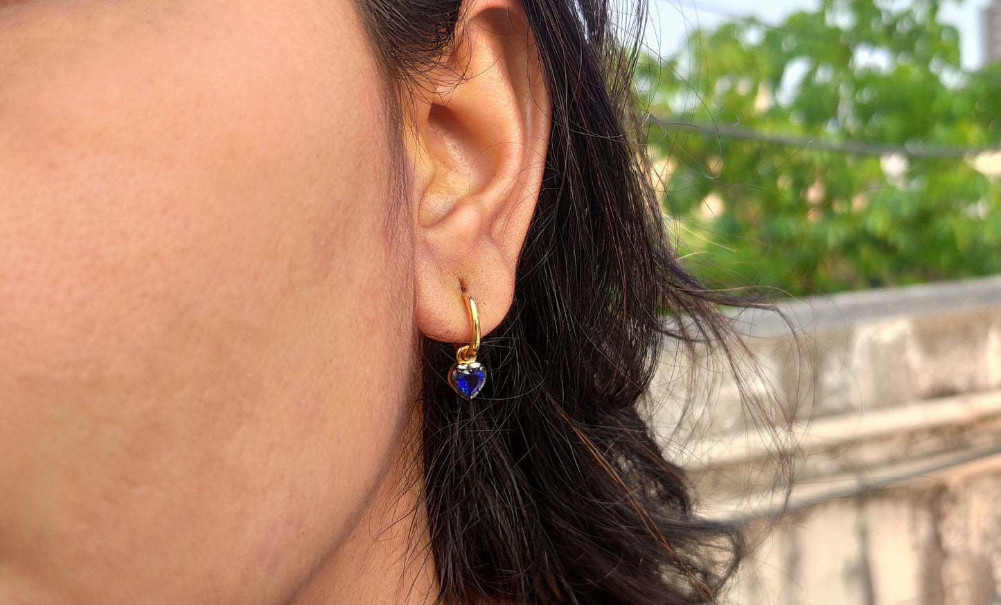 Heart Shaped Lab Blue sapphire button back Georgian cut down removable Gypset, sapphire Hoops, statement earring, blackened gold earrings.