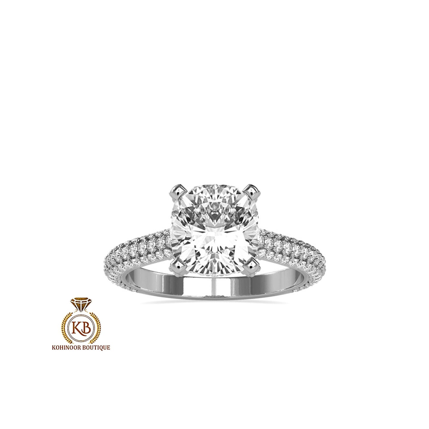 Cathedral Set Cushion Cut Moissanite with Pave Basket ,Under Halo and 3 side pave band Engagement ring, ring for women,High profile set ring