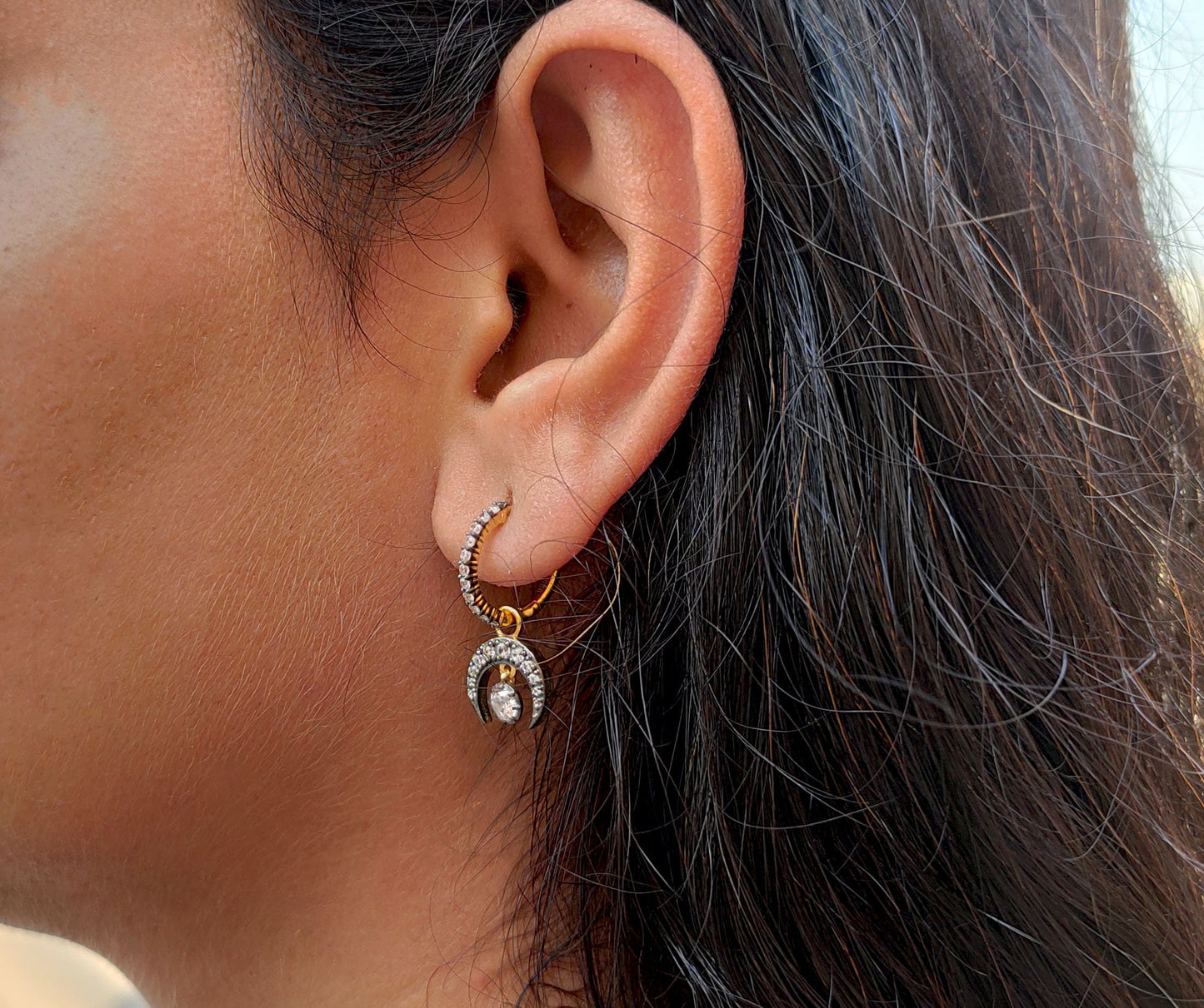 Half moon Moissanite button back Georgian cut down Huggie,2 in 1  statement earring, blackened gold earrings.