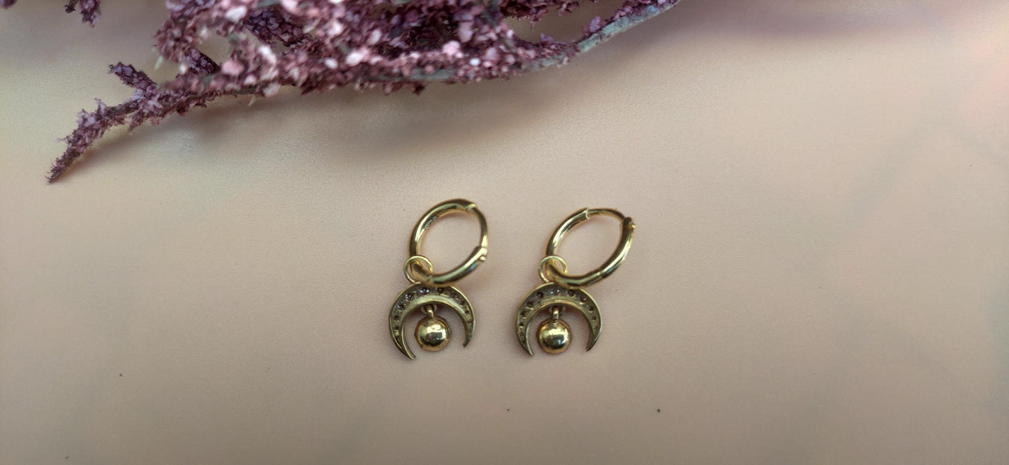 Half moon Lab grown diamond button back Georgian cut down Huggie,2 in 1  statement earring, blackened gold earrings.