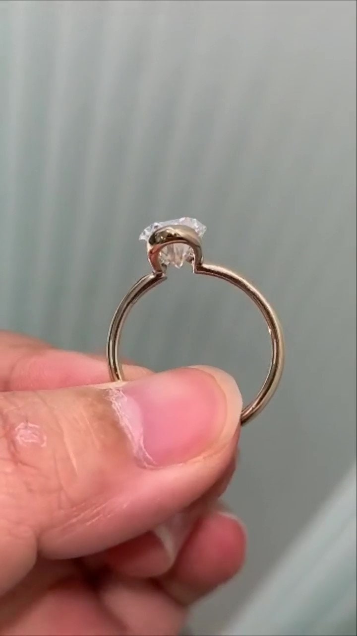 Pear cut Half Bezel Moissanite Solitaire Engagement Ring , Promise\proposal Ring available in 18k\14k\10k White\Yellow\Rose Gold