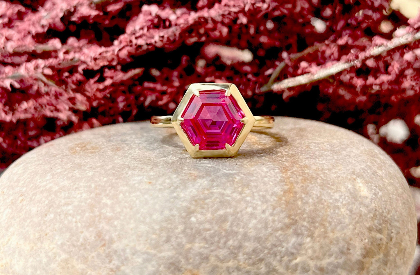 Pink Lab Sapphire Hexagon shaped Bezel set Georgian cut down set Solitaire Engagement ring Promise Ring for Modern Brides, ring for her
