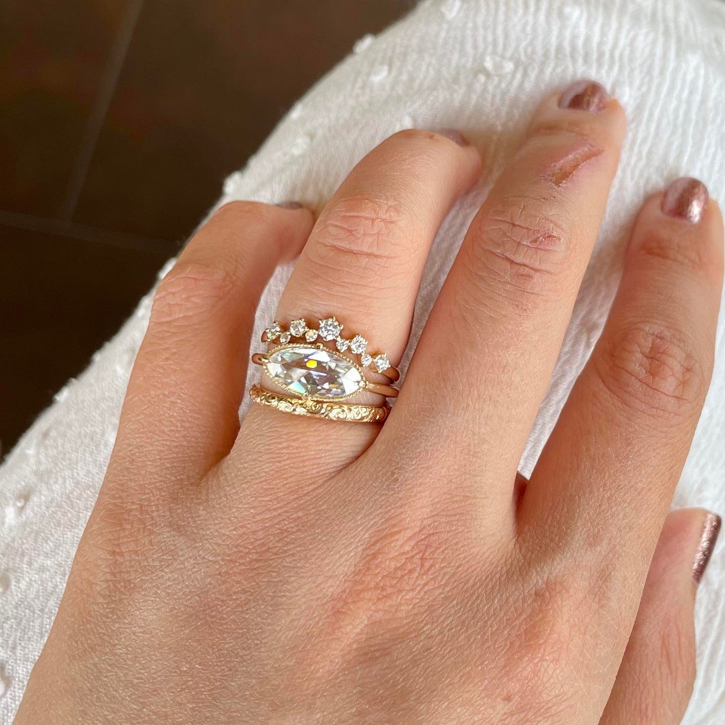 Rose cut Oval\Moval cut East West Set Moissanite Solitaire Engagement Ring, Promise\Proposal Ring with 18k\14k\10k White\Yellow\Rose Gold